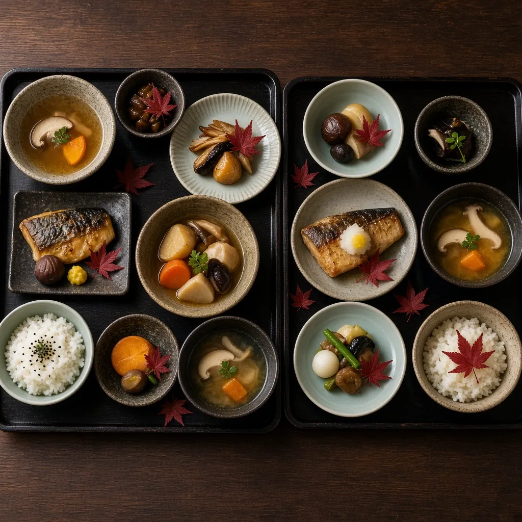 漆の盆に並ぶ季節の会席料理